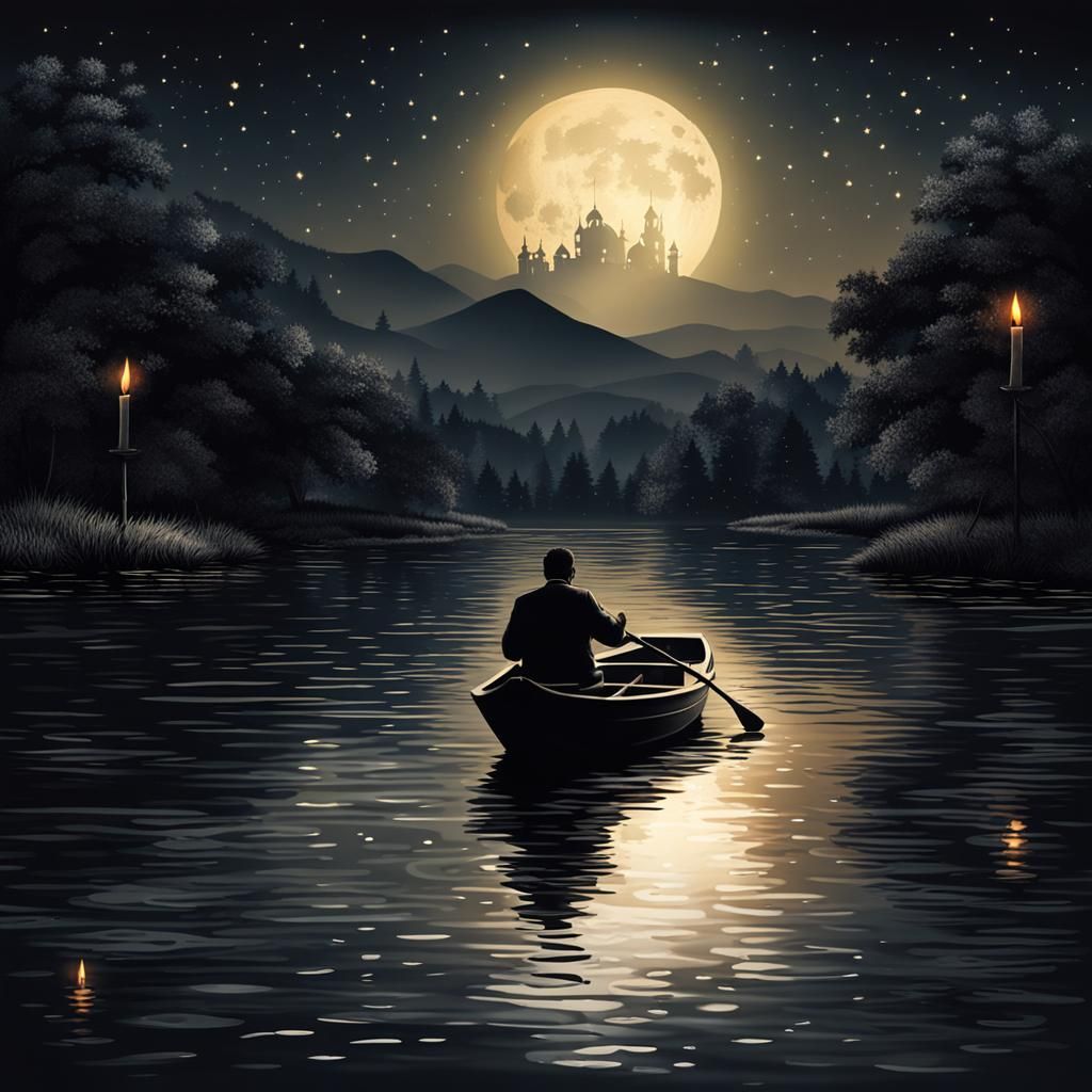 A man’s shiloutte et the river at night who is on a boat. Only one candle burns. Hyperrealistic and photo ...  by @Lizaliza