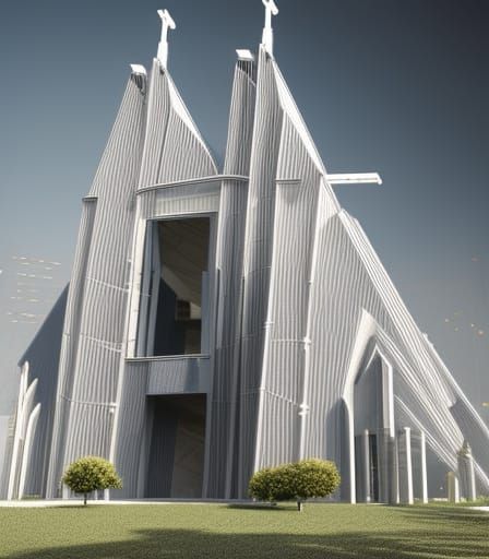 Futuristic giant bionic  Cathedral,outside, street ,with a c...