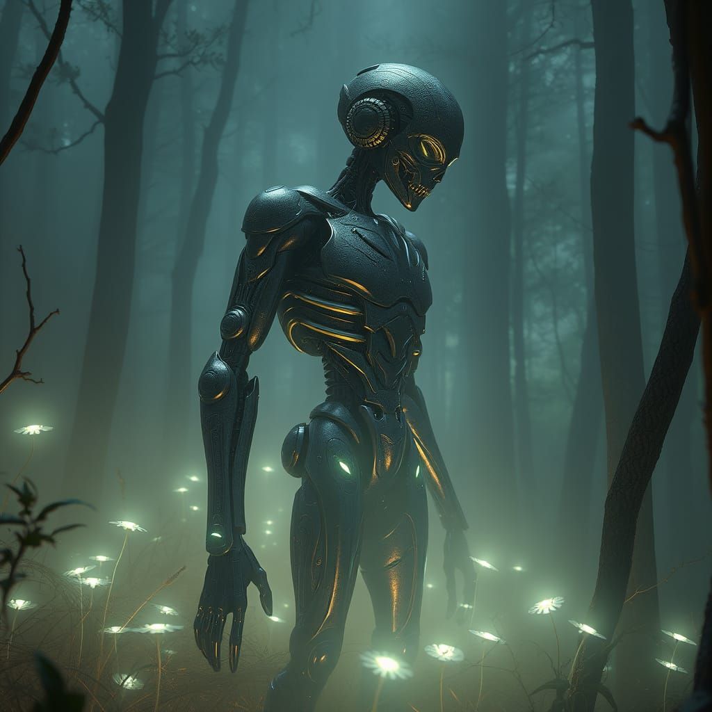 Main Prompt:
Surreal 3D render of a humanoid robot in a mysterious forest, cinematic lighting, dense mist, bioluminescent plants, intricate ...