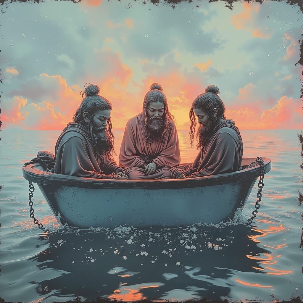  <lora:Night Breeze V2:1.0>
There are three clothed oriental bearded cherub monks riding in a empty bath tub that is floating on a sea of ch...