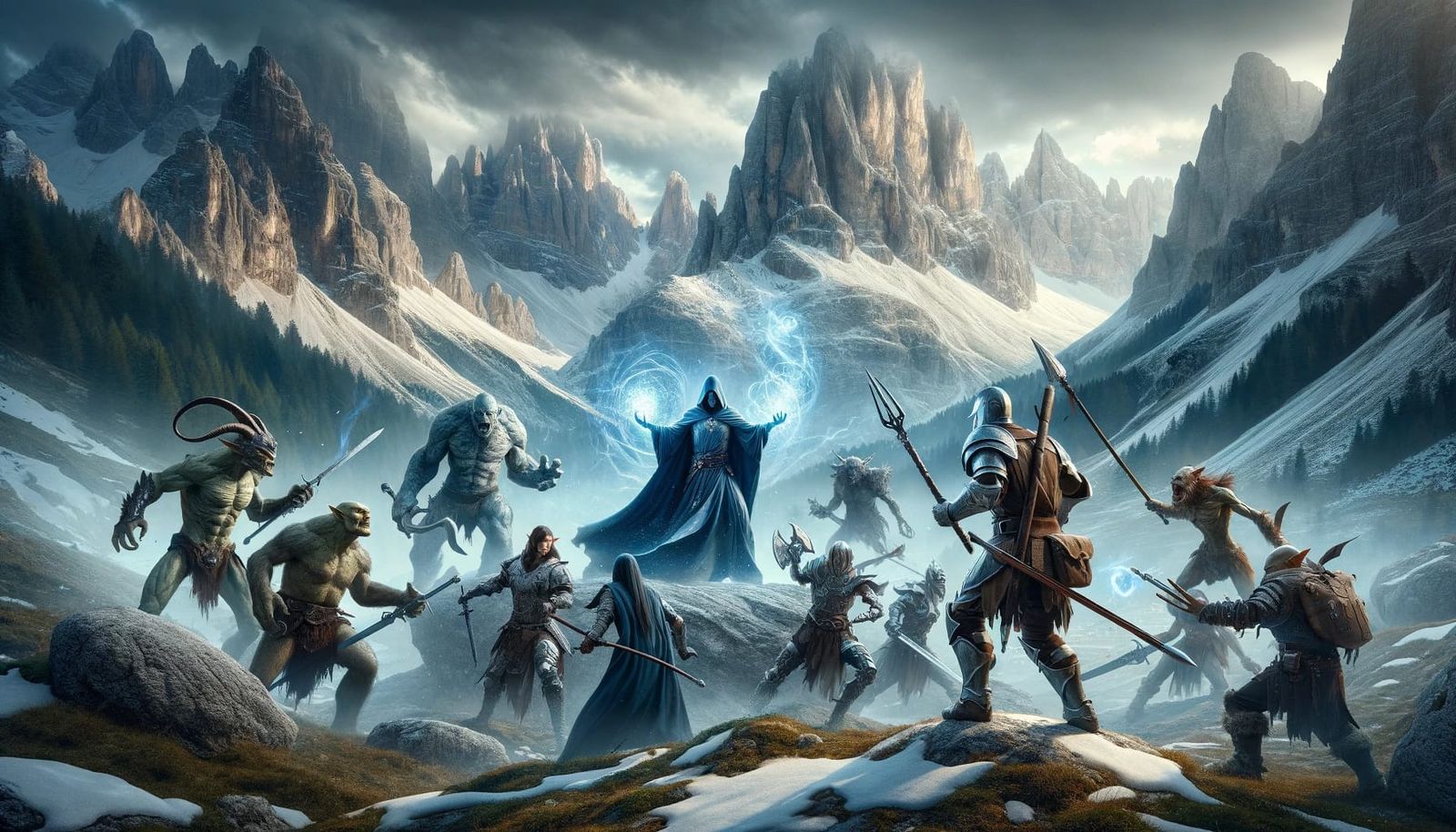 Epic fantasy battle scene set in the Dolomite Alps