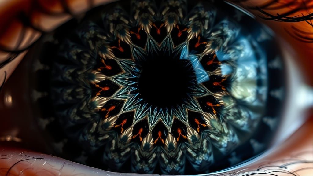 The intricate macro closeup details of the eye as an Eldritch Kaleidoscope pattern metamorphosis into ...  by @new2ai