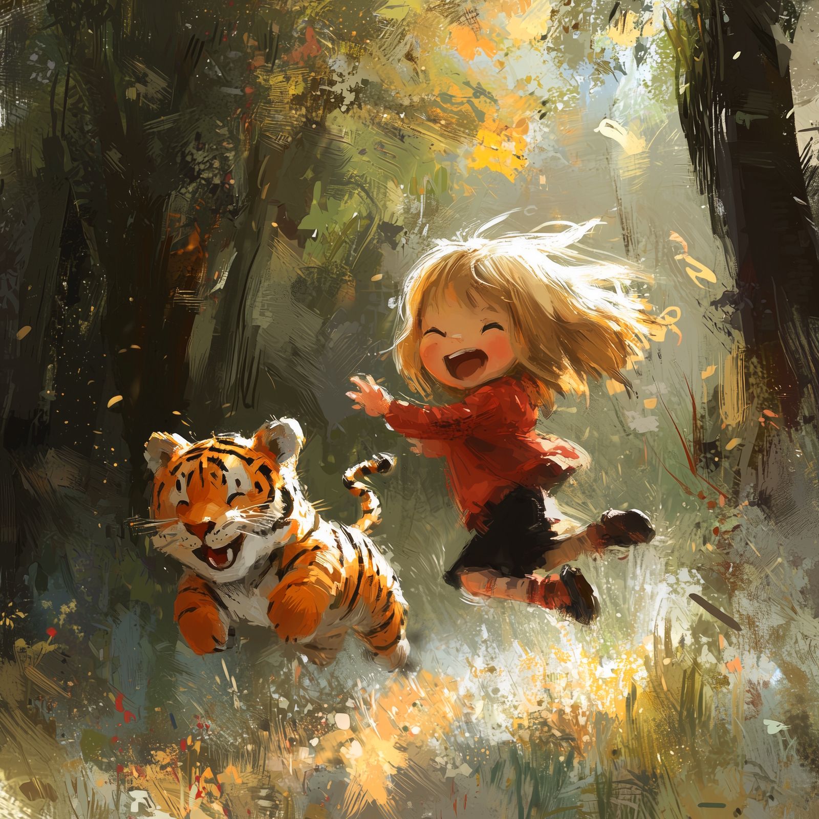 Little Girl and her Toy Tiger in the Forest