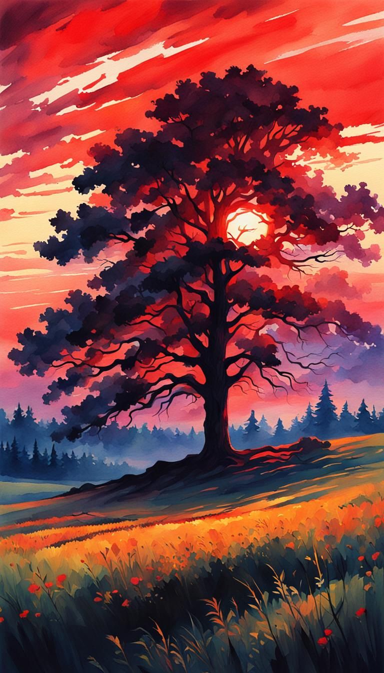 Redwood Sunset: A Watercolor Painting in Field