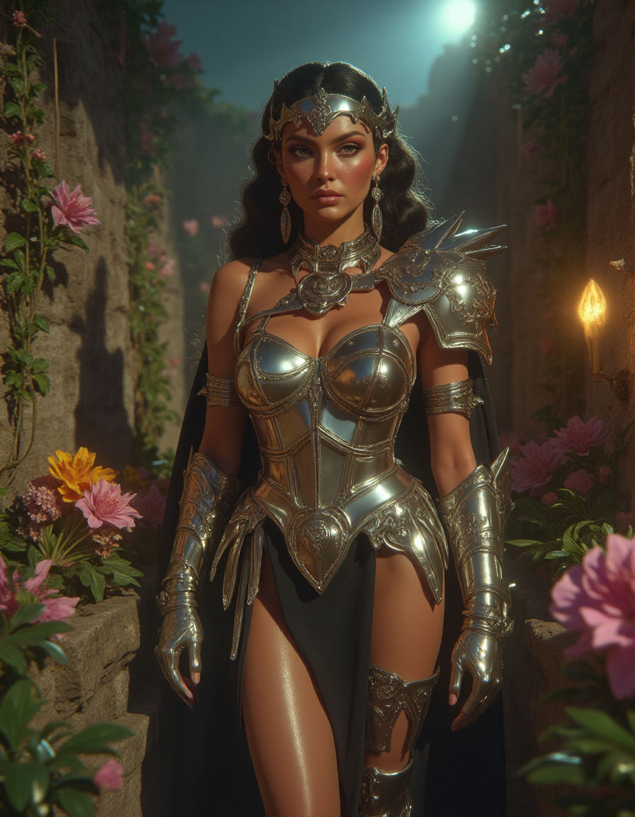 A powerful Amazonian woman, clad in biomechanical armor X