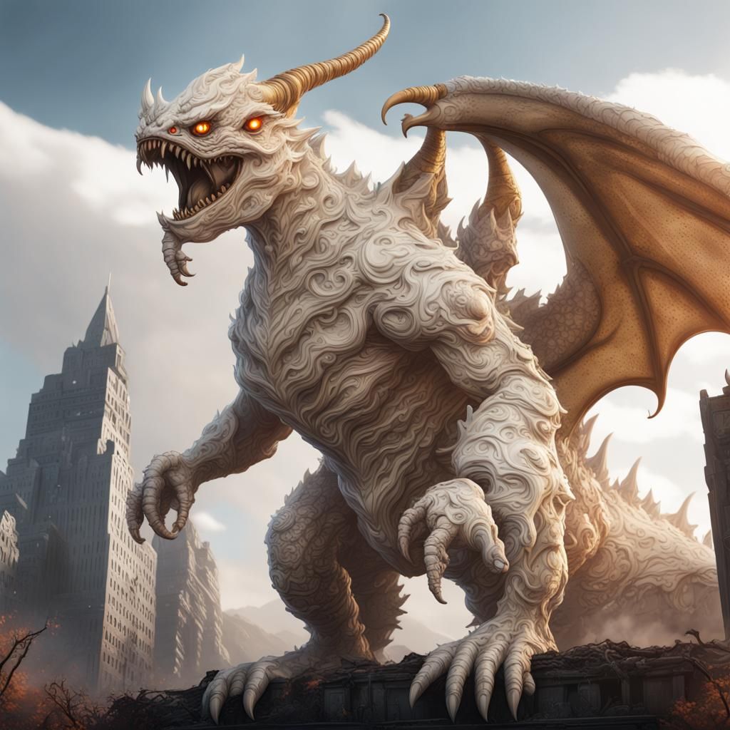 white and tan colored kaiju with a horn