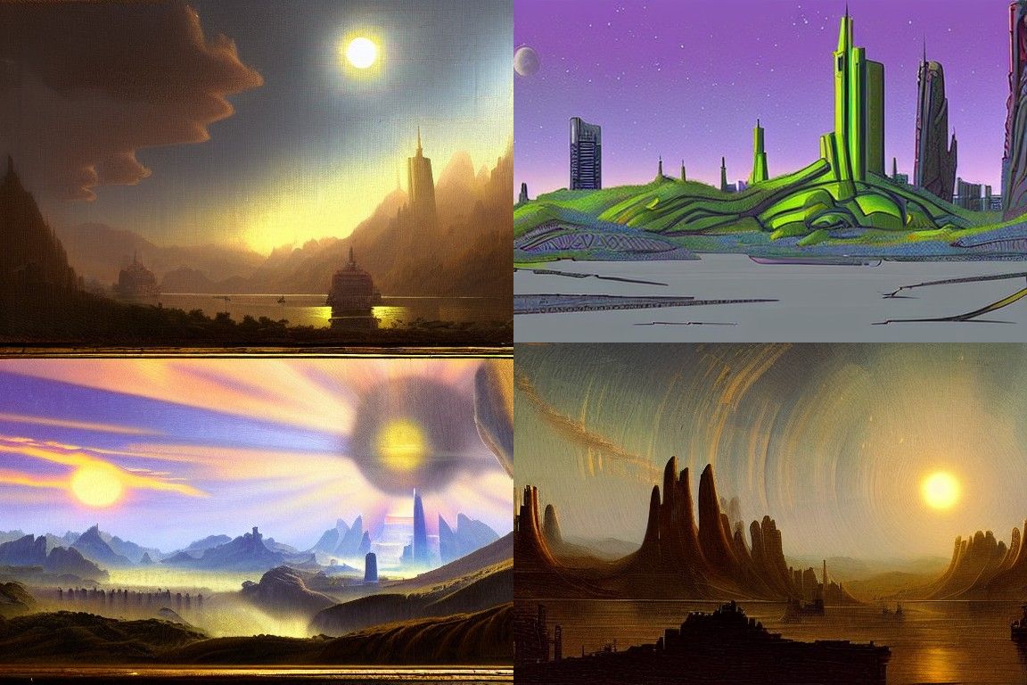 Sci-fi city in the style of Hudson River School