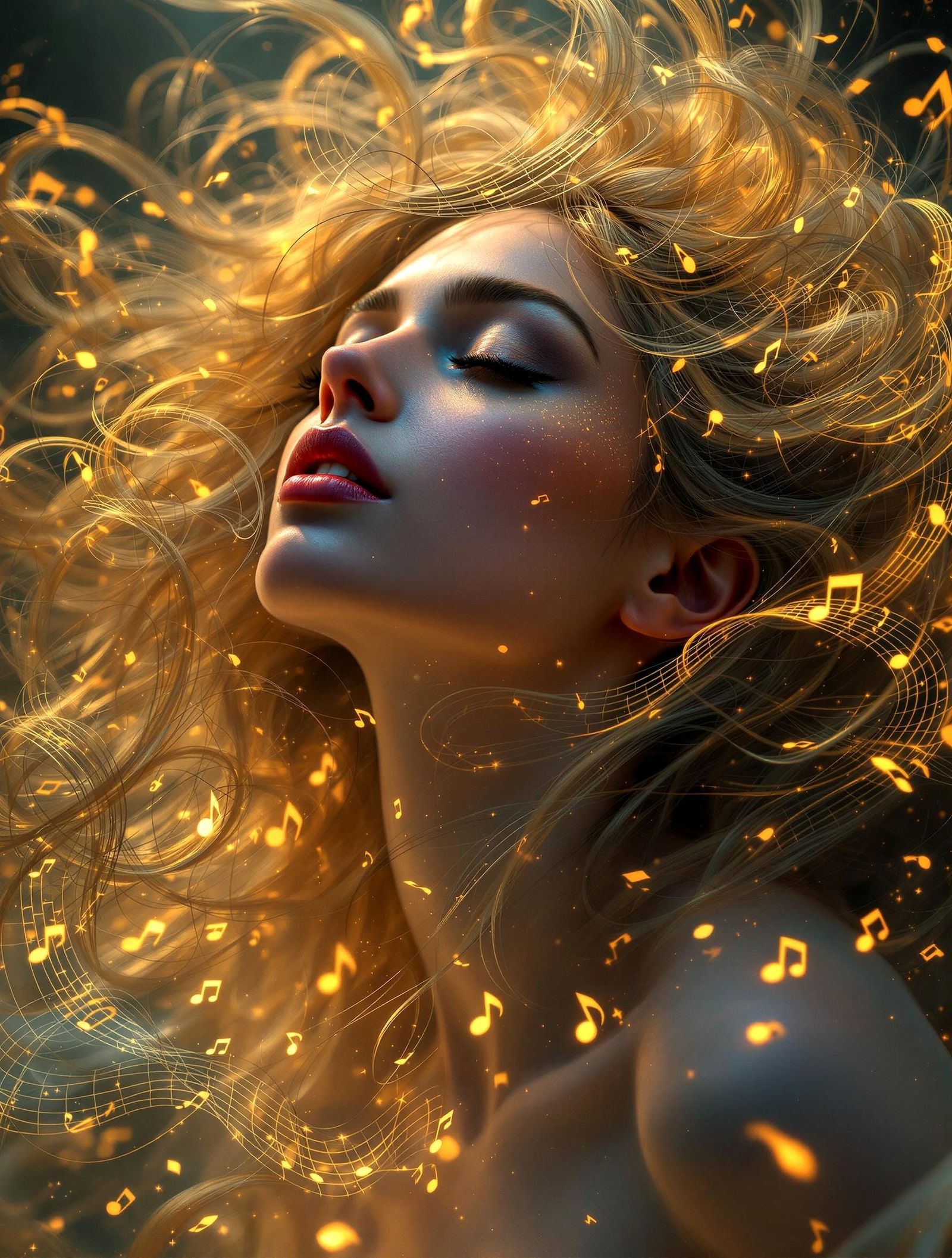 A regal woman with an ethereal aura, lost in the rhythm