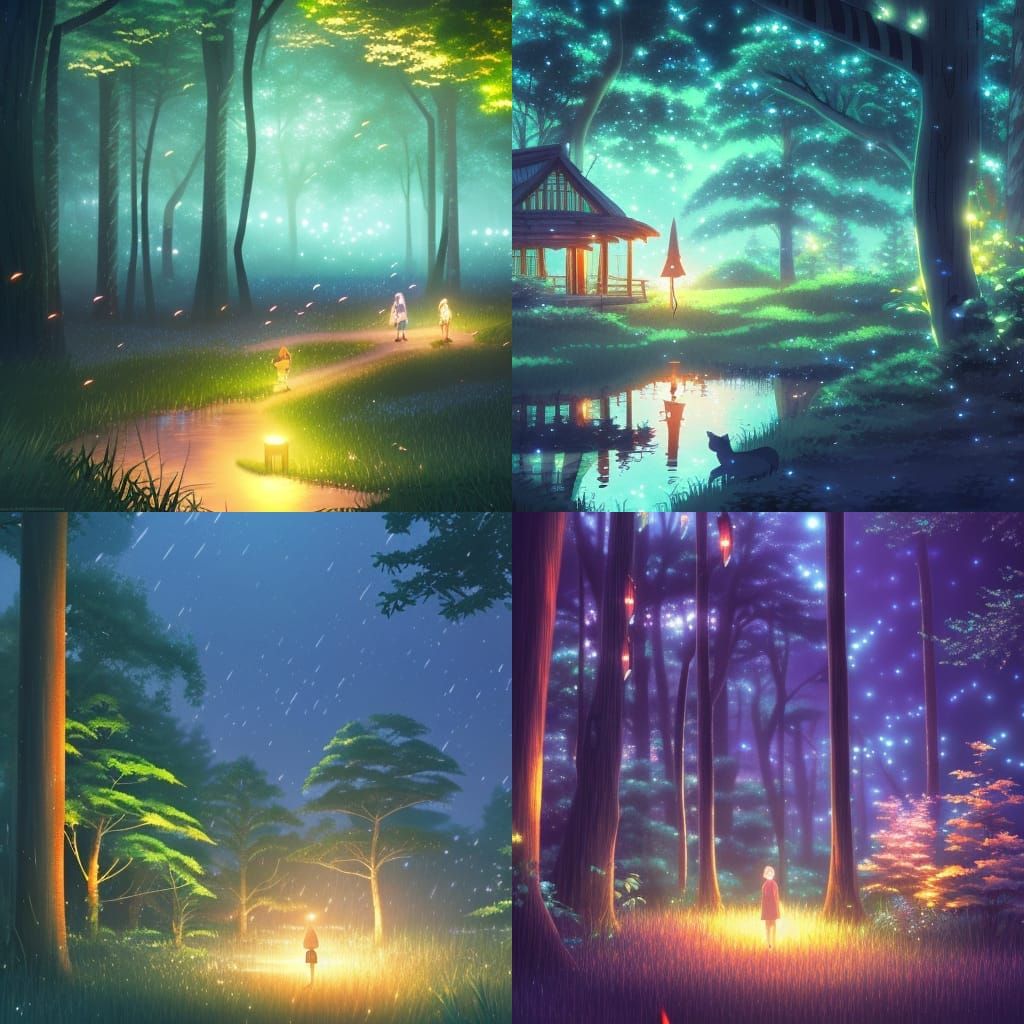 a magical forest at night with a river and fireflies and a cozy wooden  house, Anime Key Visual, by Makoto Shinkai, Deep Color, Intricate, 8k... -  AI Generated Artwork - NightCafe Creator