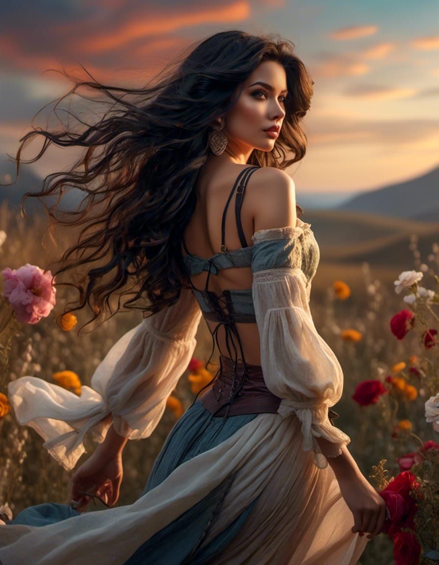 Full body shot,<lora:Dreamy:1.0> beautiful woman with long flowy black hair blowing with the wind, colorful floral tattoos covering her body...