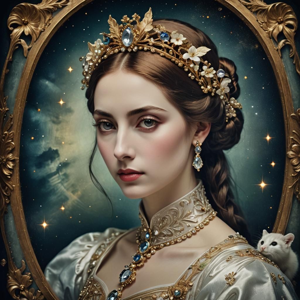 portrait beautiful girl, ermine, art nouveau astral sparkle, abstract, Daguerreotype 
(El Greco)