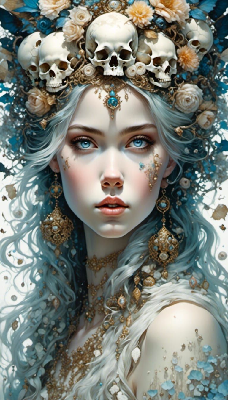<lora:Mystic Detail Faces:1.0> Beautiful Woman made of ivory, wearing a wreath of teeny skulls, portrait, Minjae Lee, Art By Nullify, Water...