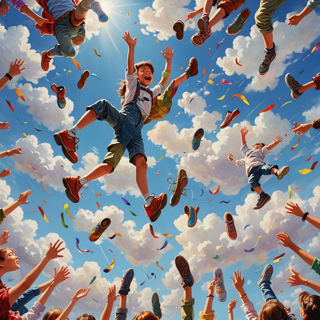 Colorful Shoes Fly in Whimsical Oil Painting