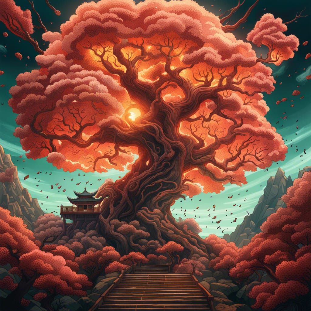A Massive Large Asian Peach Sky Tree Epic cinematic brillian...