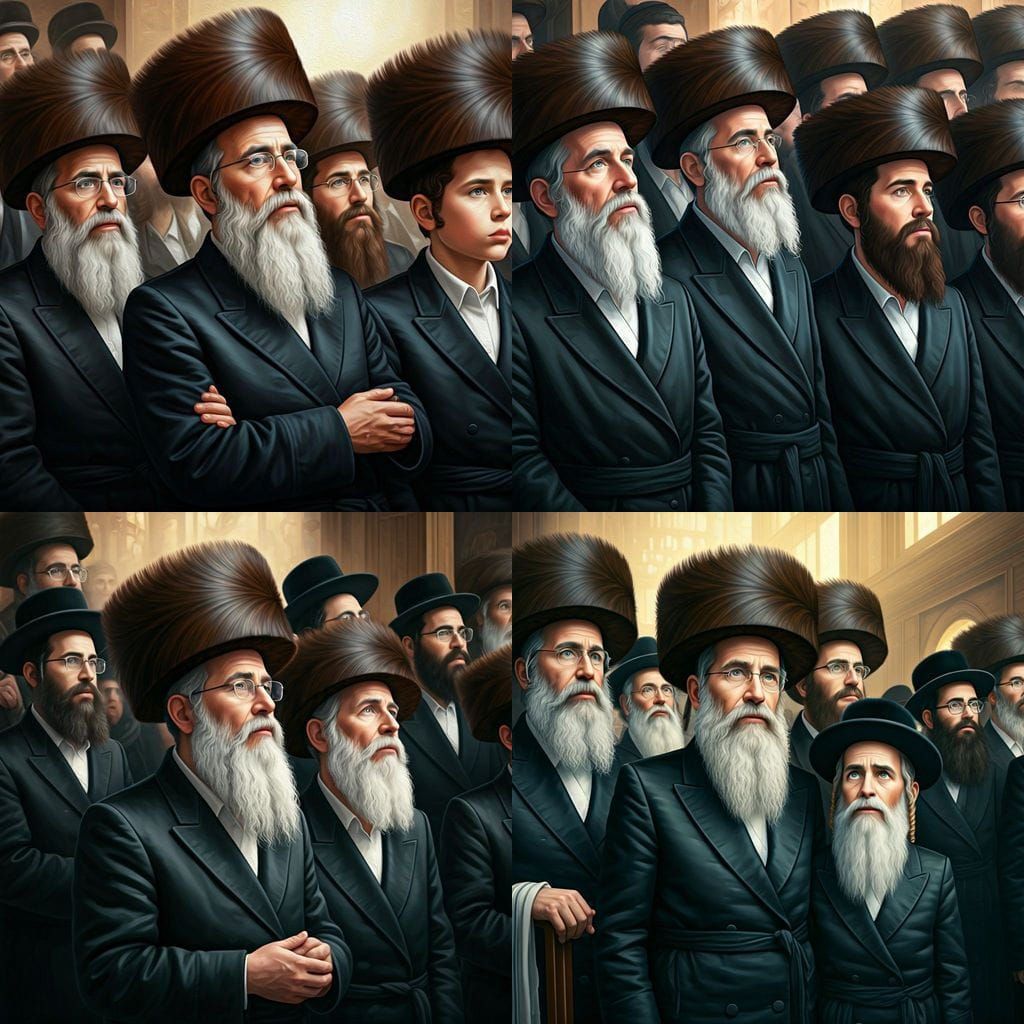 Hasidic Men and Boys in Reverent Awe, Soft Classical Paintin...