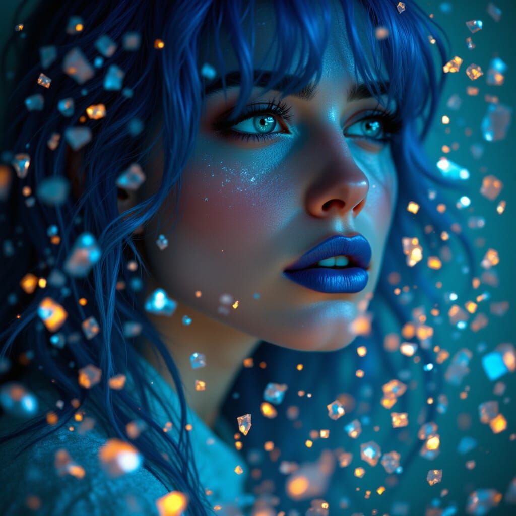 <lora:Shatterly:1.0> A portrait of a beautiful woman with blue hair, blue eyes, blue lips. Glowing fragments of crystal, luminous particles,...