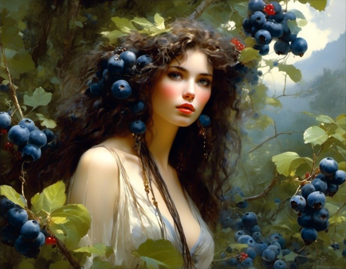 <lora:Double Detailer V1:1.0> A beautiful woman hiding in a blueberry bush, blueberry juice on her mouth :: dark blue eyes :: by Pino Daeni,...
