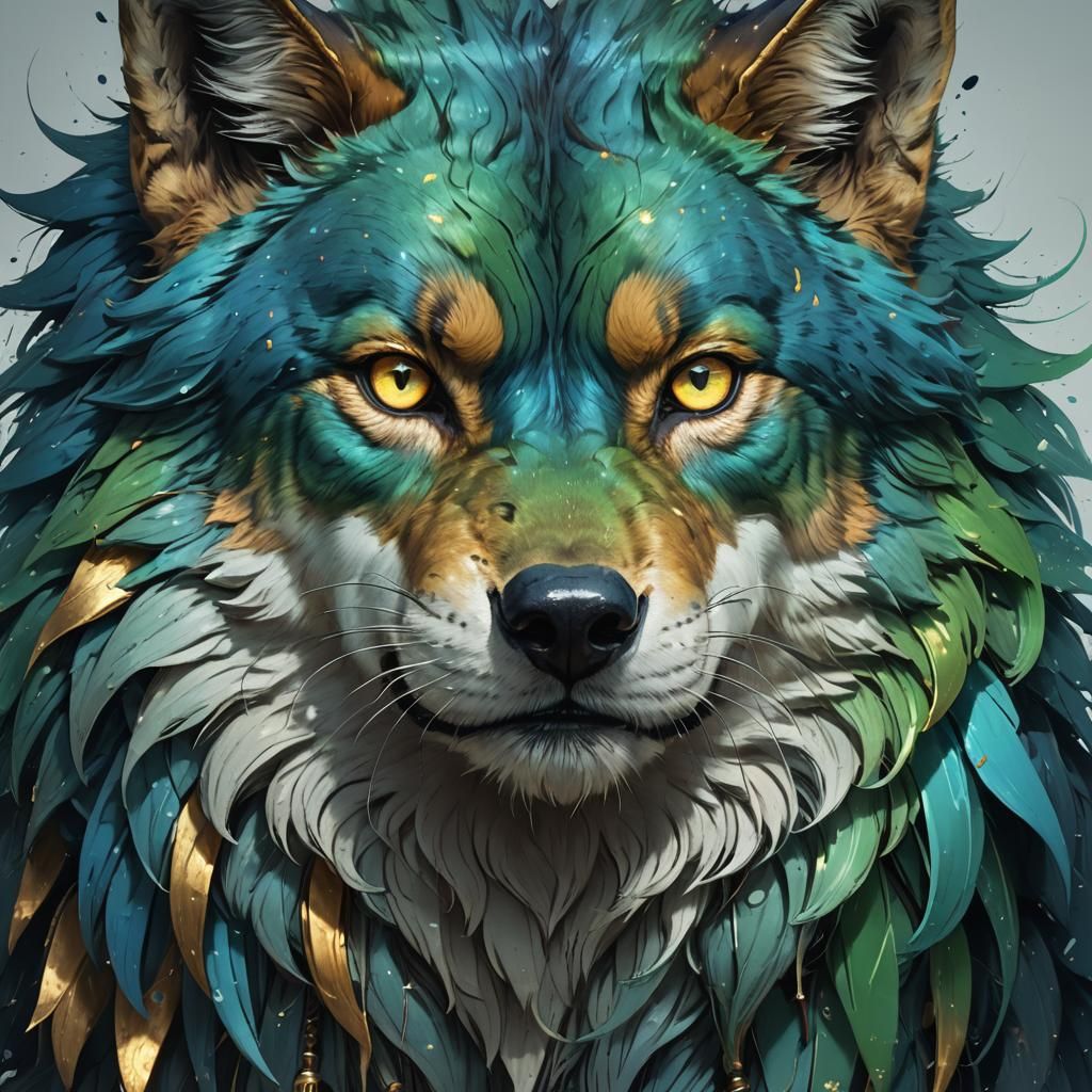 Blue and green ombre wolf with menacing golden eyes