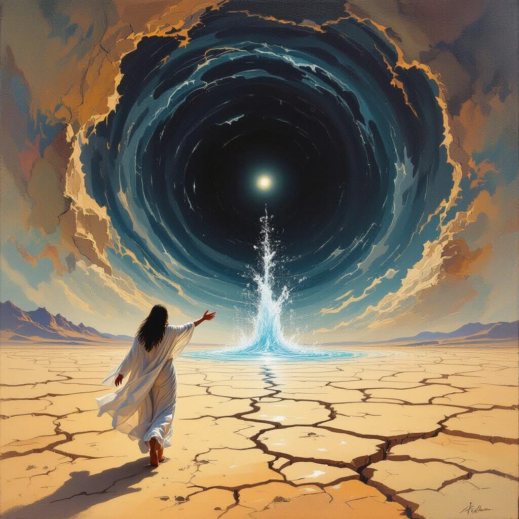 Faith's Hopeful Journey Through a Surreal Desert Abyss