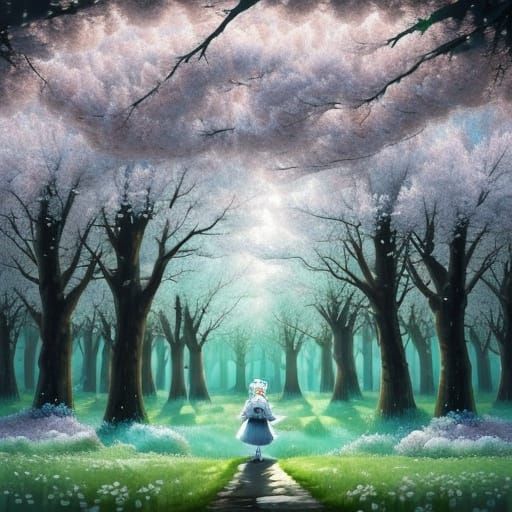 Woman in a Serene, Whimsical Forest with Blossoming Trees