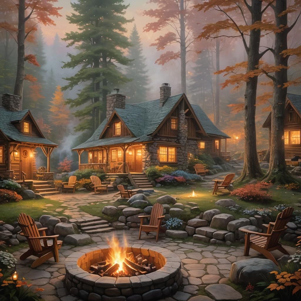 A nice cozy cabin up in the mountains of New Hampshire with a stone fire pit outside. Comfy chairs. 