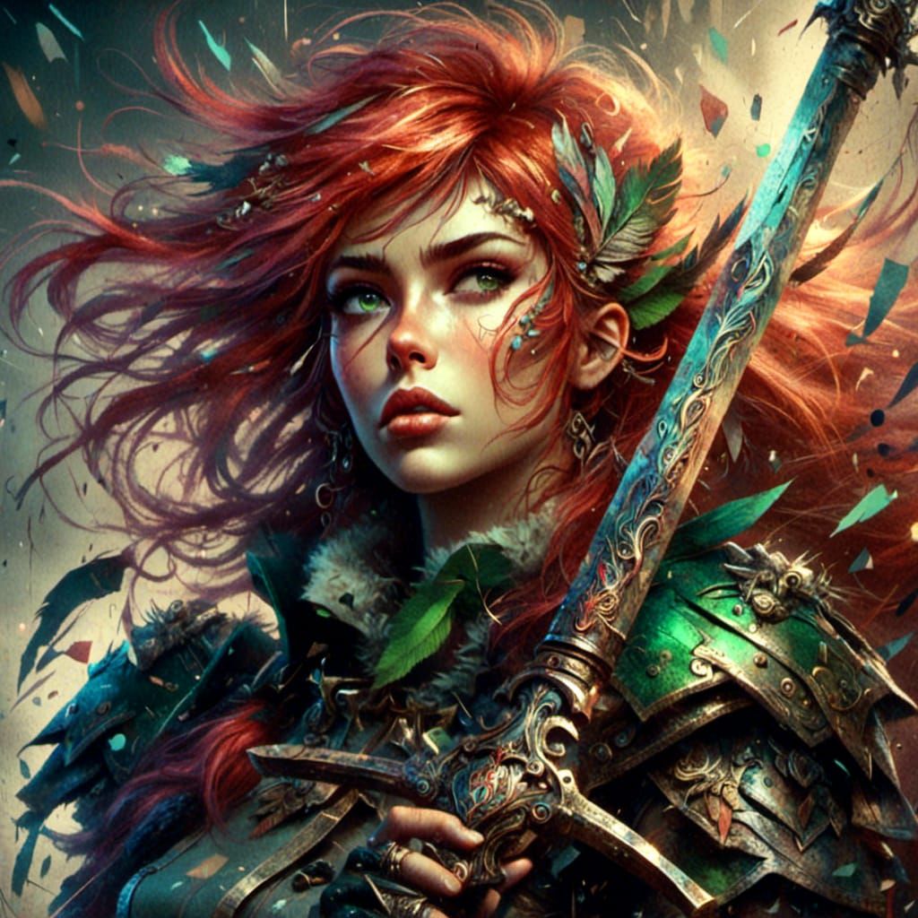 <lora:Artefact:1.0> Stunning female elven ranger with wild red hair, swordmaster, green leather armour, dramatic action, fantasy