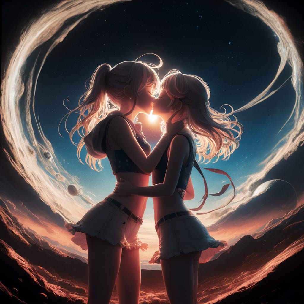 Passionate Kiss Under Starry Sky: 3D Anime Artwork