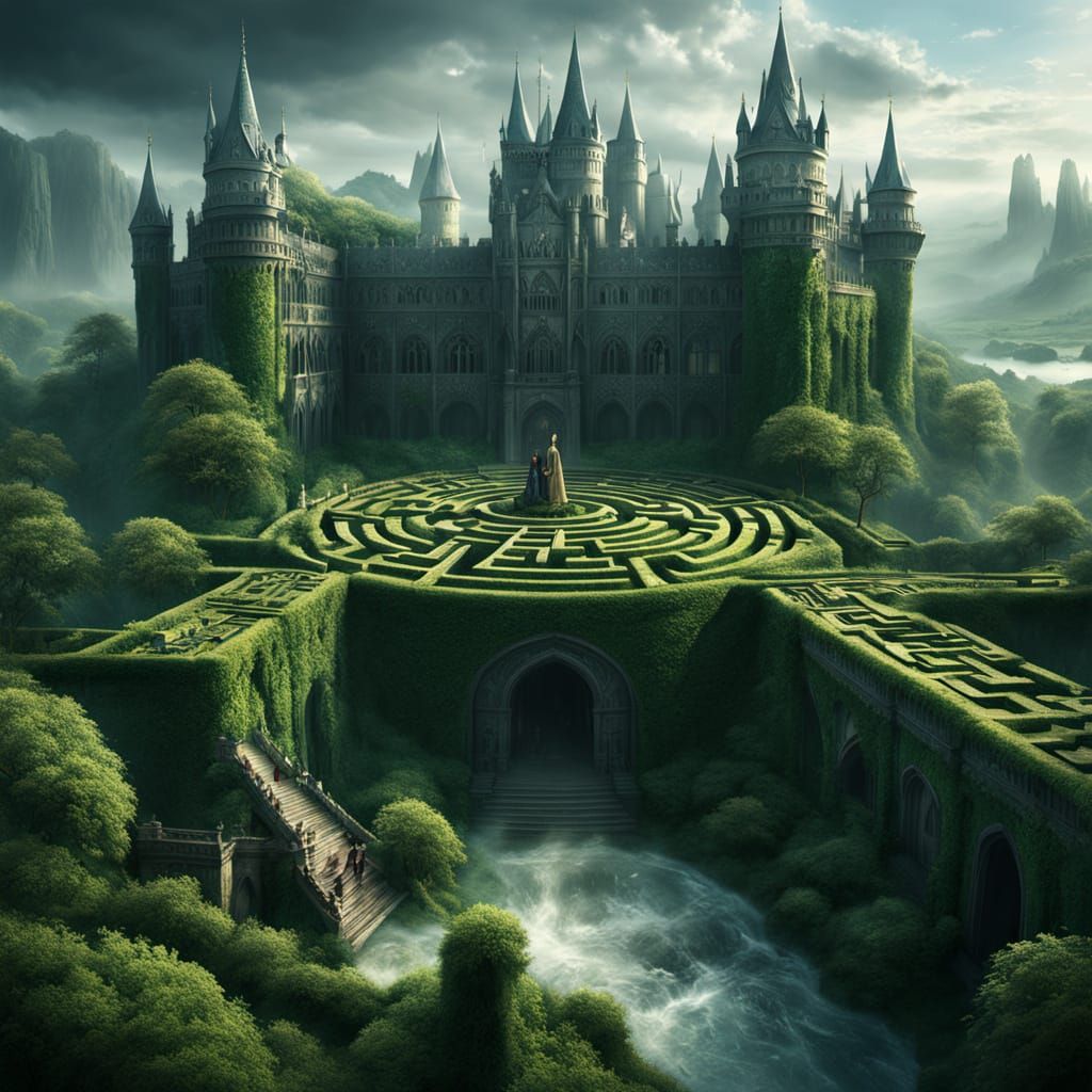 A magnificent Gothic fairytale castle with towering spires and slate-blue rooftops rises from the edge of an enormous hedge maze. 1