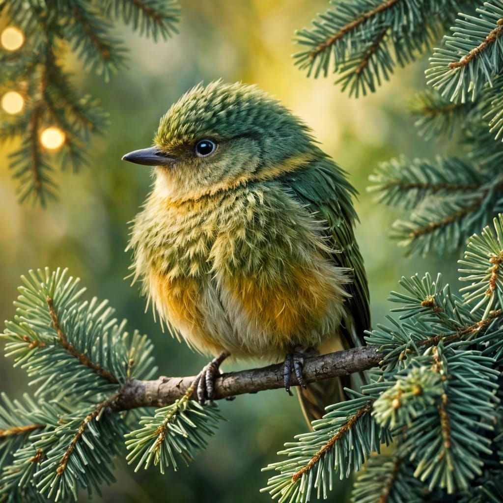 A small green bird sitting on a fir branch  by @h7sus2