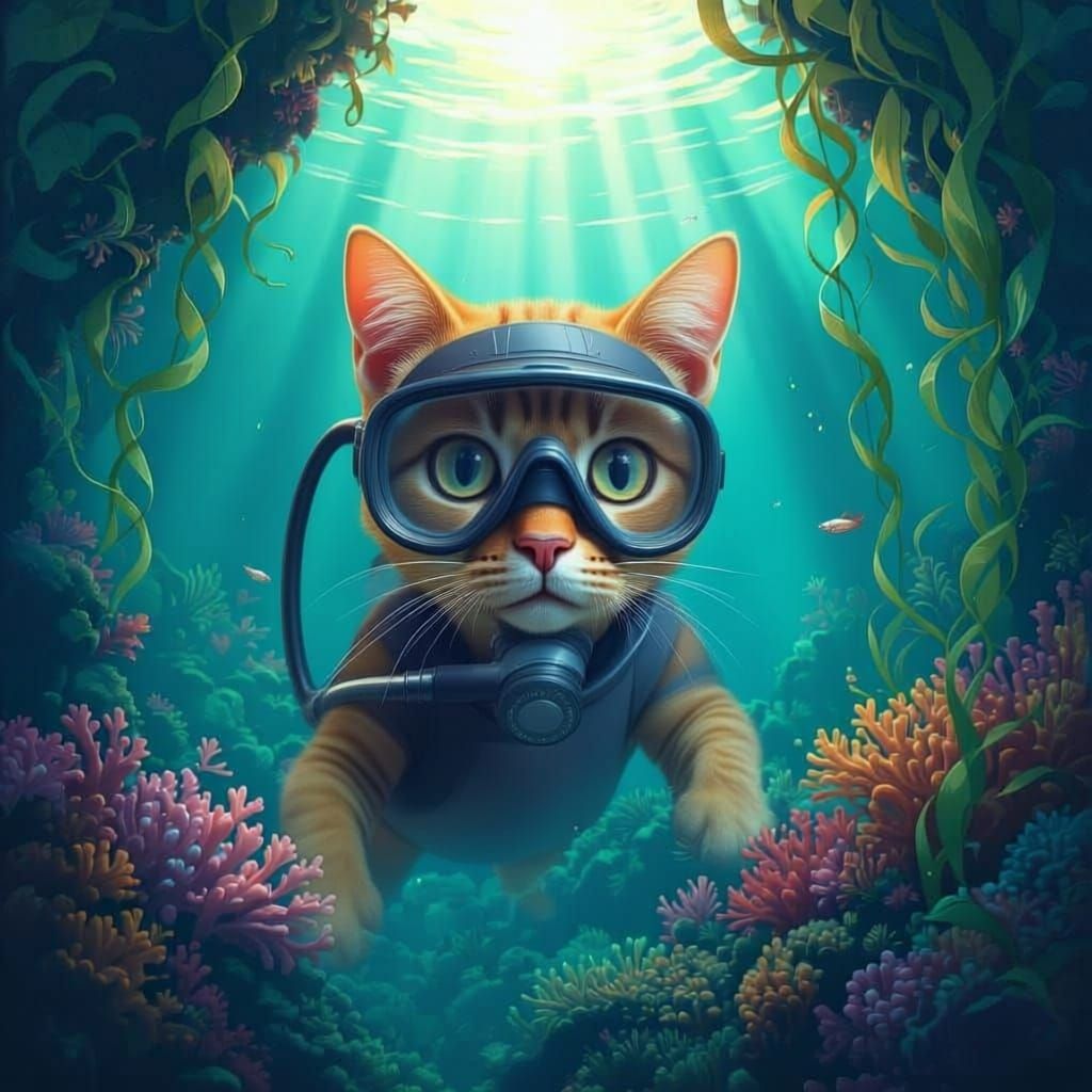 The Coral Grotto : In an undersea grotto with seaweed and coral, with diffuse light from above, an orange cat with scuba gear