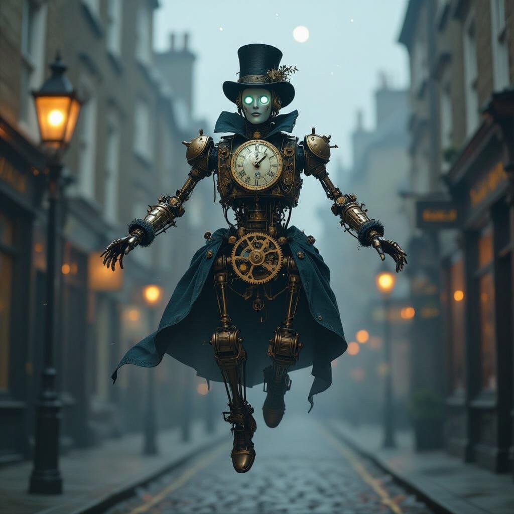 A Victorian-era automaton, crafted with intricate brass gears and clockwork mechanisms, is depicted mid-transformation into a ghostly appari...