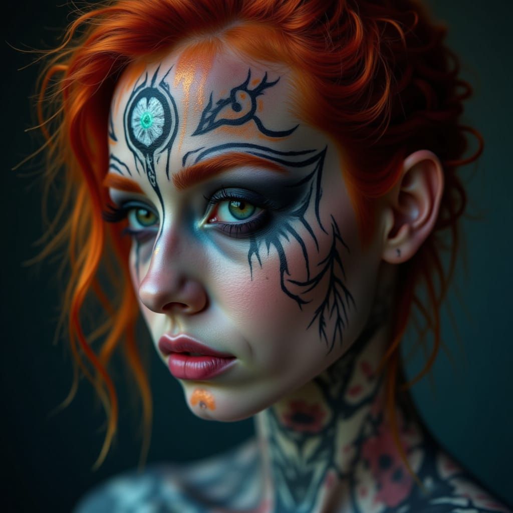 <lora:FaceWorx:1.0> FaceWorx: Viking Icebound Skald editorial pigment makeup, mythic glyph facepaint, high-contrast full-face makeup, cinema...