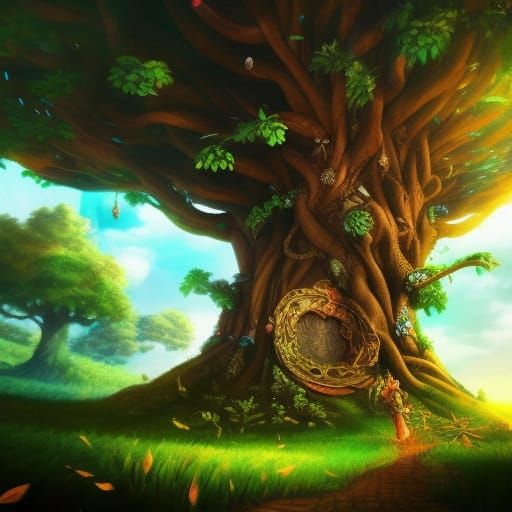 Magical faraway tree, fantasy characters Hyperrealistic, splash art ...