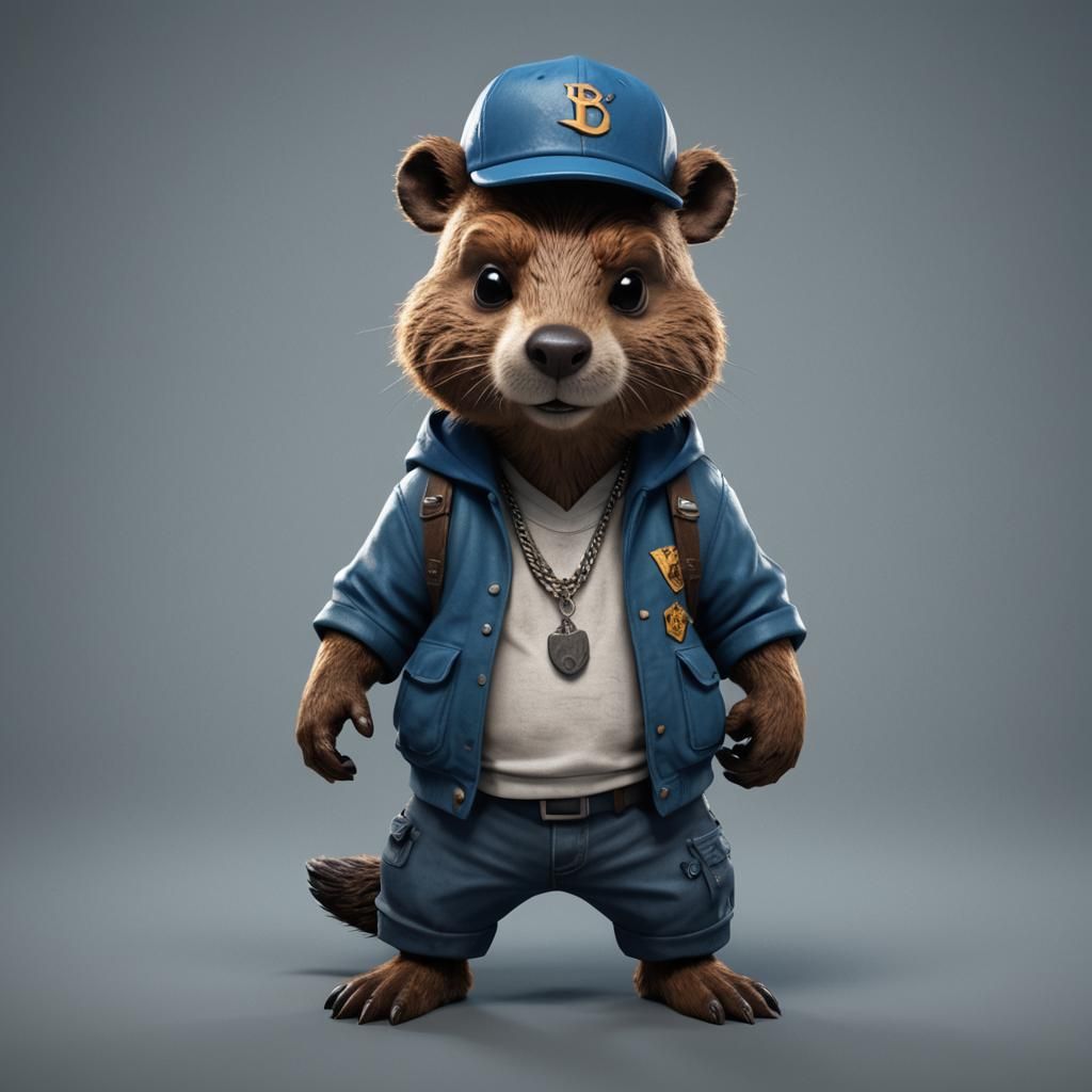 A single beaver dressed as a gang member in blue