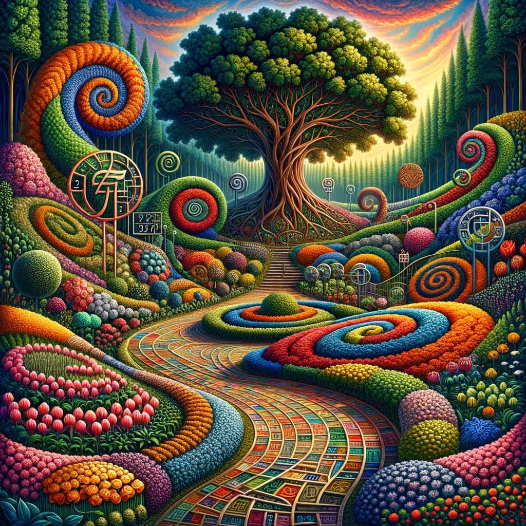<lora:Sacred Geometry F:6.0> A vibrant, meticulously manicured garden landscape, teeming with diverse ...  by @pat lewis