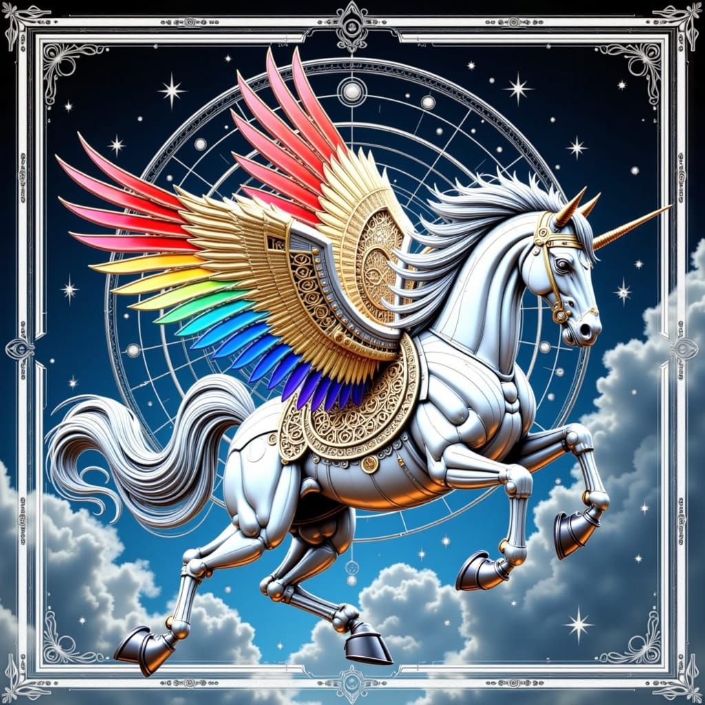 Concept Flying Rainbow Winged  Iron Steel Like> Horse , art Nouveau, Celtic Line Design, 3D shading, shadow depth, hyperrealism, Photo Like,...
