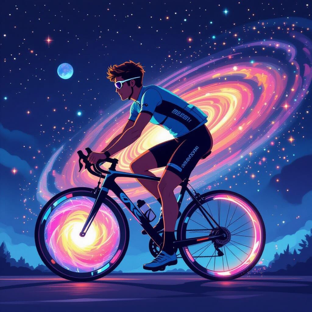 Cyclist Rides Galaxy Bicycle in Cartoon Style