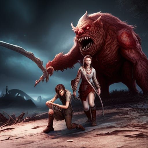 A wounded boy and girl against a monster