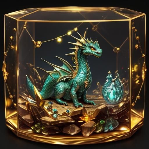 A cute miniature baby dragon sitting in a glass jewelry box ...