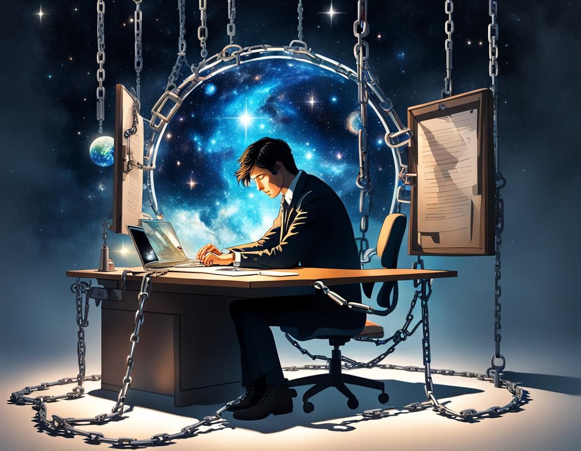 Daydreaming while chained up to desk cosmic illuminated