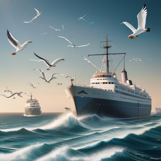 Flock of seagulls behind a ferry  by @The Casual Comicist