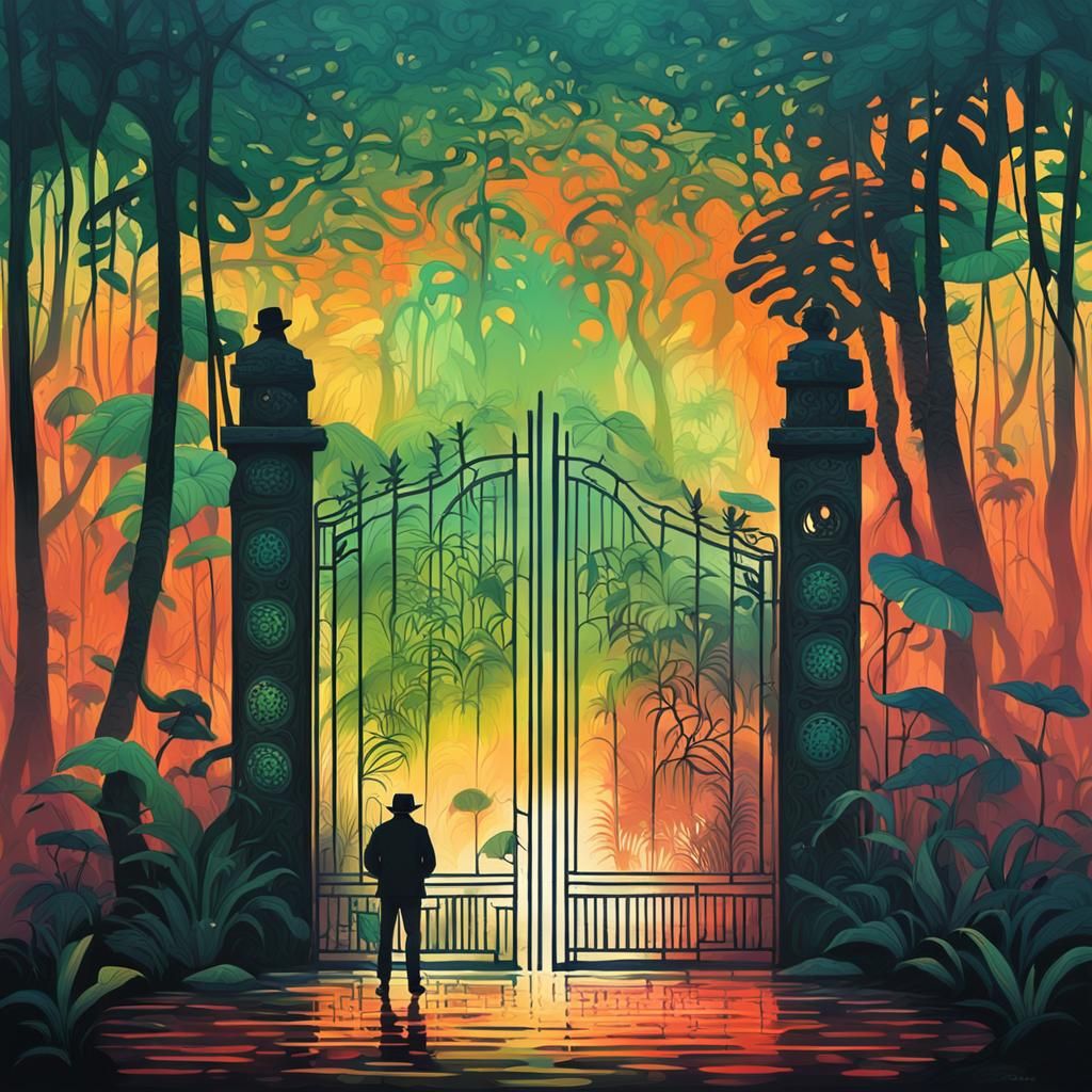 A man stands in front of a large gate in the jungle. A frog ...