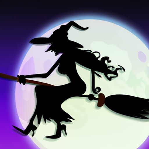 Spooky witch shadow riding broomstick in the full moonlight, colors ...