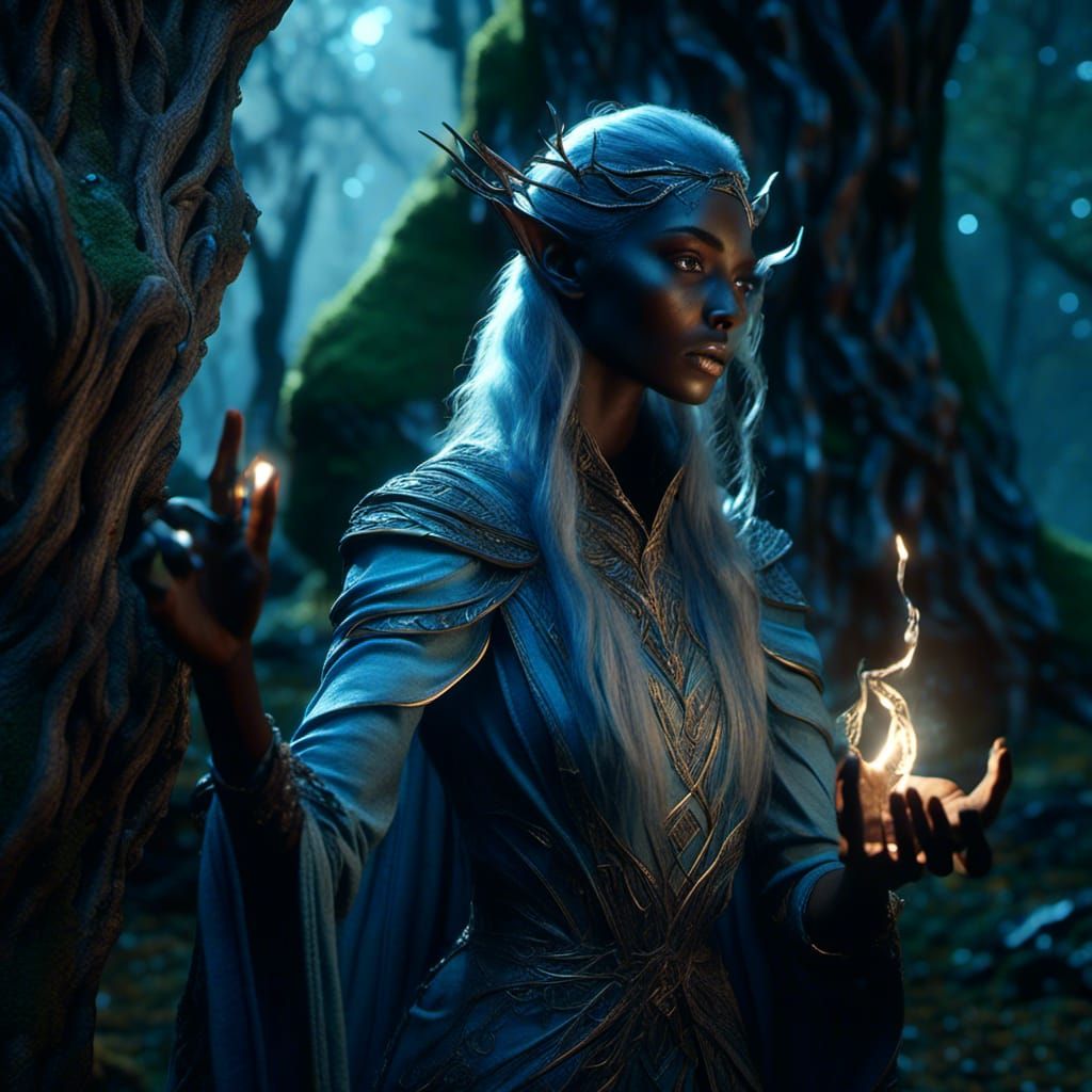 <lora:Ethnic Fantasy:1.0> a close-up of an elven mage casting a spell in an eerie forest. Fantasy-art. 3D shading, Photo_realistic, close s...