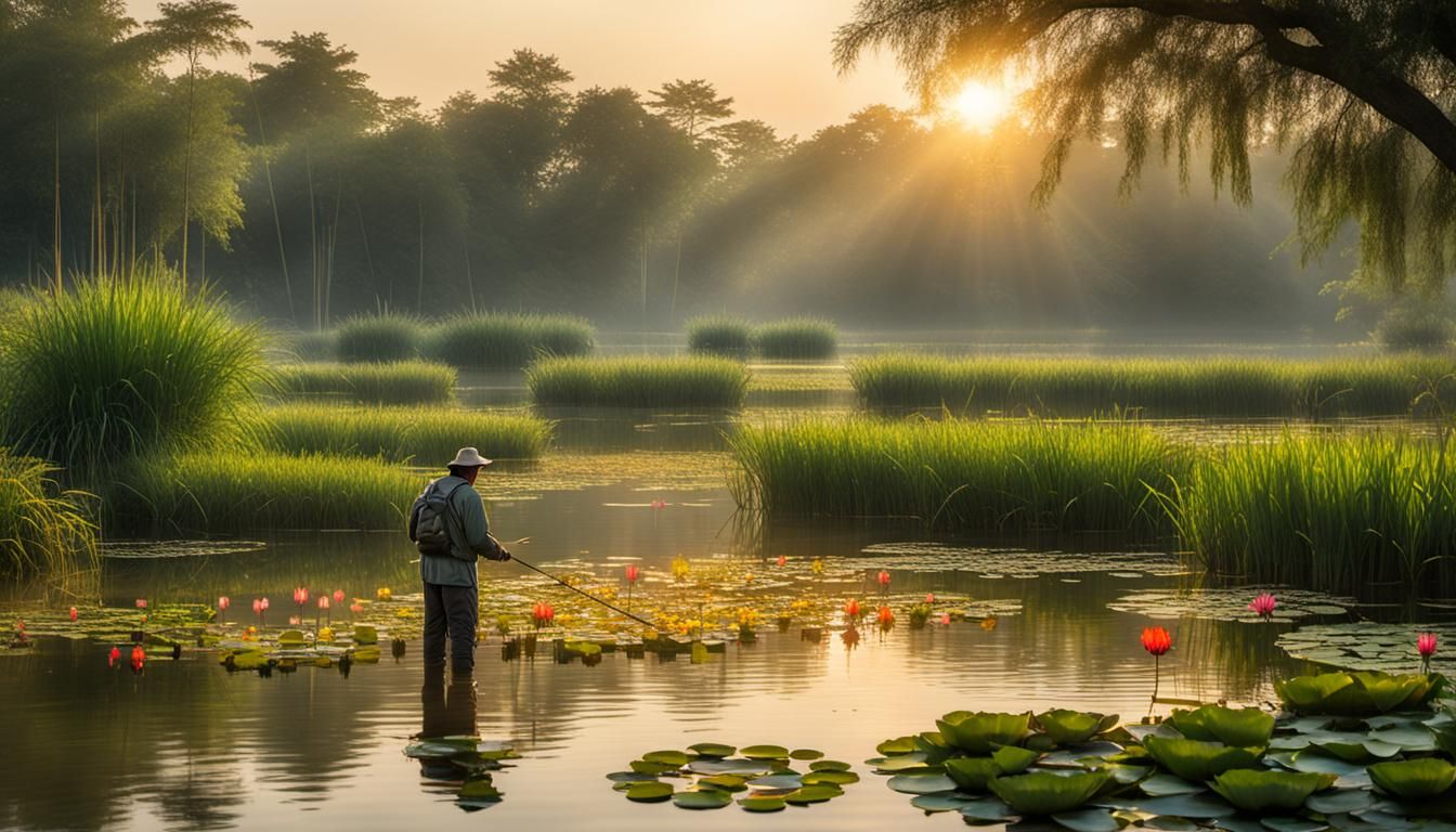 A serene and picturesque scene of a fisherman standing in a ...