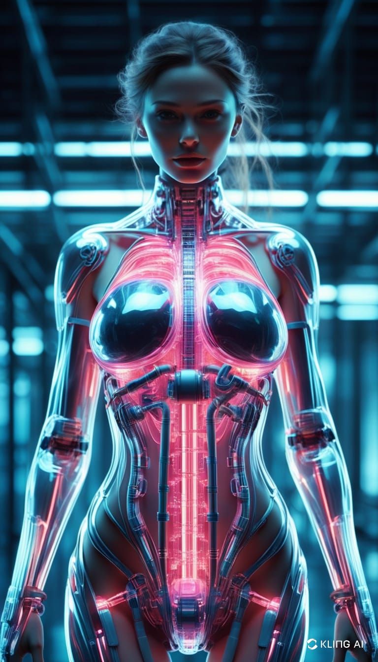A woman Cyborg,with her Rib Cage made  of only glass. Neon c...