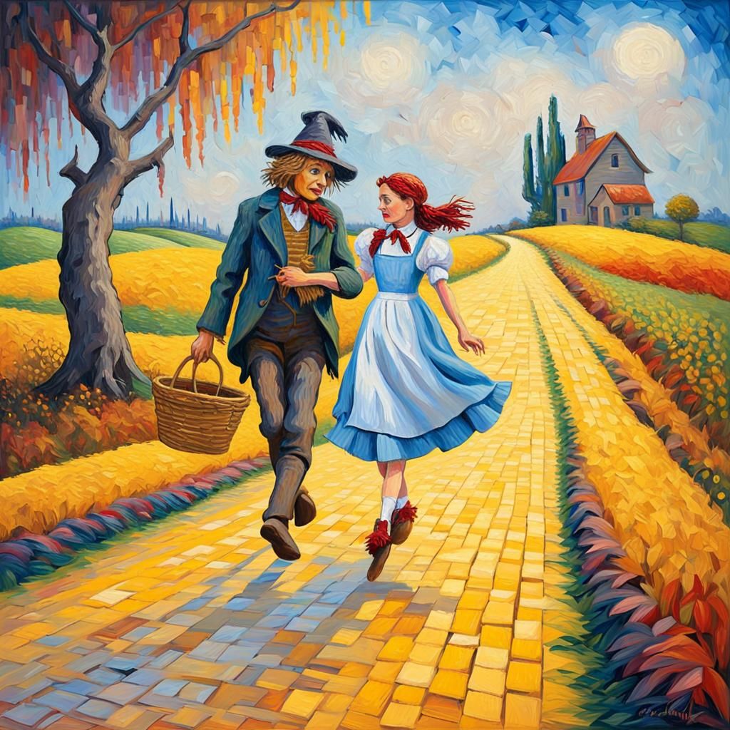 Dorothy and scarecrow on the yellow brick road