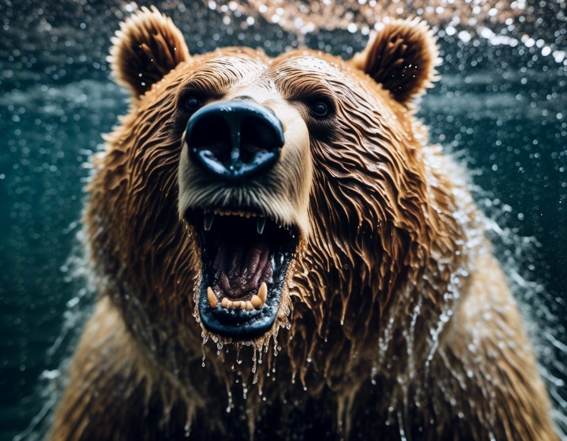 Optical Projection motion effect macrophotograph portrait: Sopping Wet, Surprised obese Bear actively shaking water from his coat in a vigor...