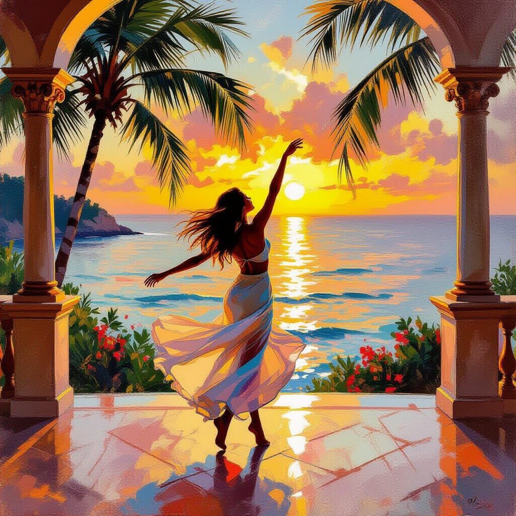 Me in a tropical villa by the ocean dancing 
