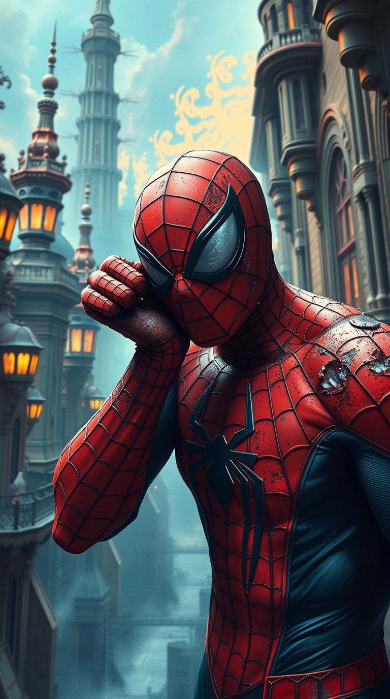 Spiderman spider-man, bruised and battered but ready to figh...